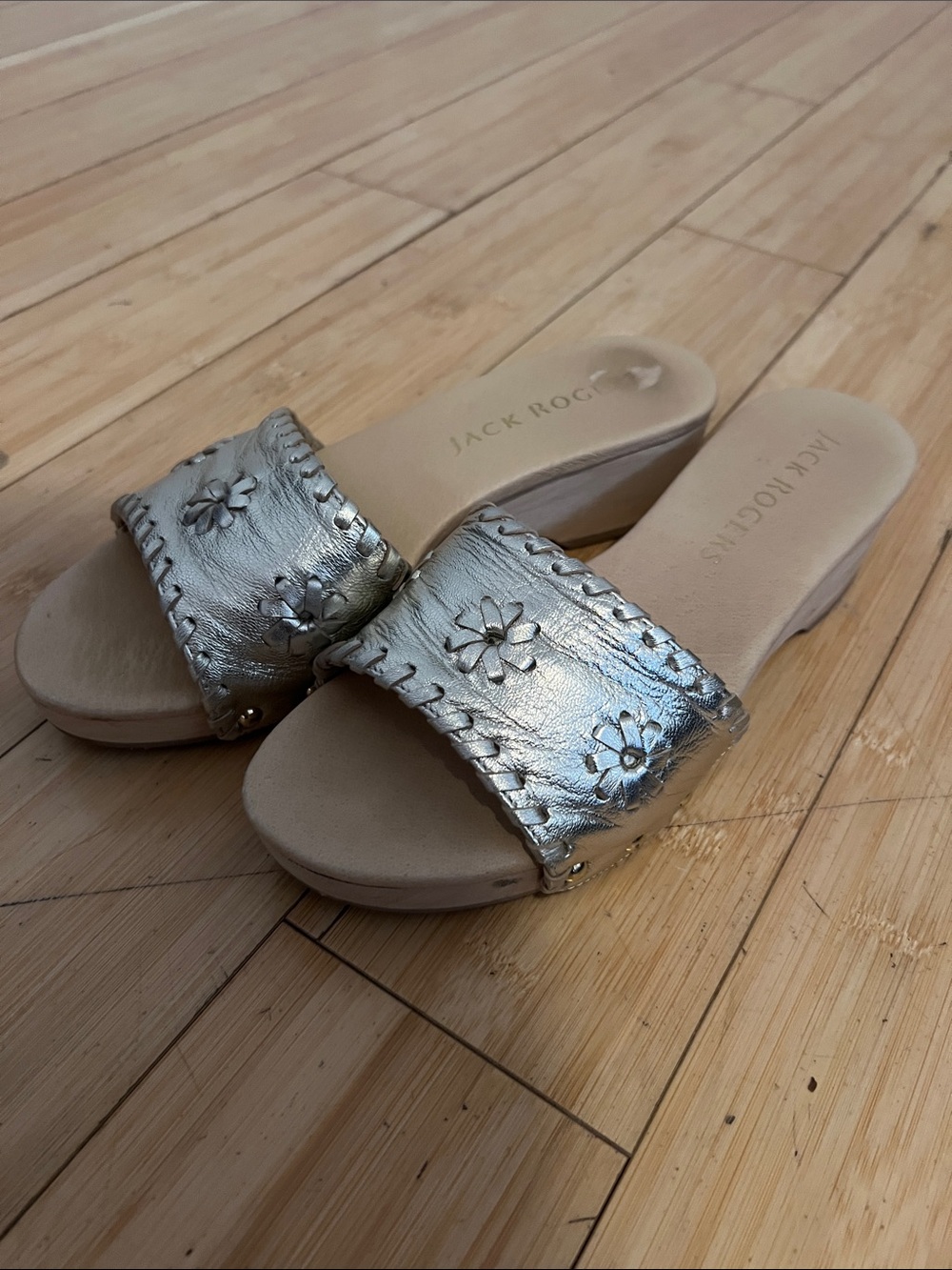 Jack Rogers Silver Floral Slide Sandals for Women